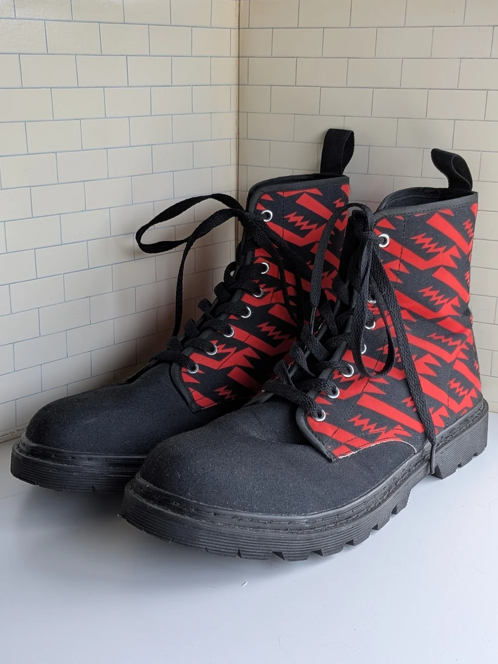 Black Canvas Combat Boots with Red Aztec Pattern, Mens 10